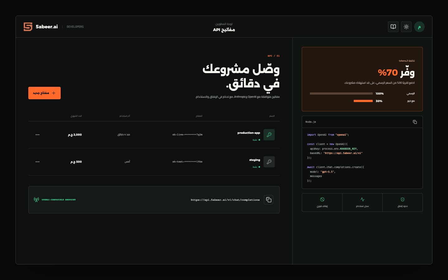 تصوّر نظيف للوحة مفاتيح API في خبير مع حدود الإنفاق وسجل الاستخدام
