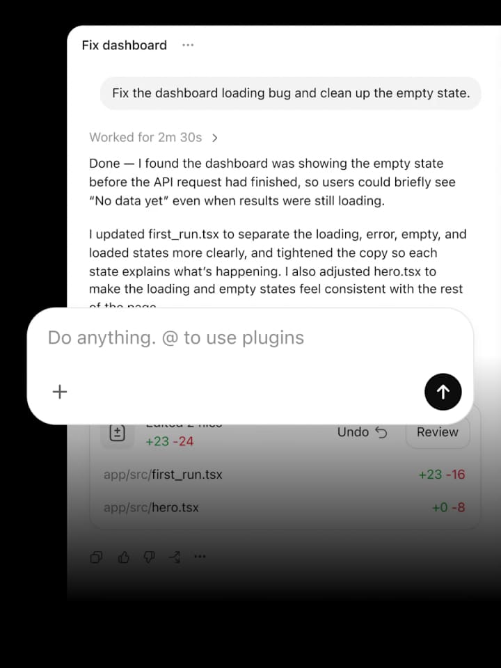 واجهة Codex الرسمية من OpenAI تعرض مهمة برمجية والملفات التي تغيرت